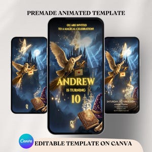 May include: A premade animated template for a magical celebration. The design features an owl carrying a letter, a castle, and the text "ANDREW IS TURNING 10". The template is editable on Canva.
