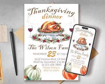 Thanksgiving Dinner Party Invitation: Turkey, Editable Invite (Digital File)