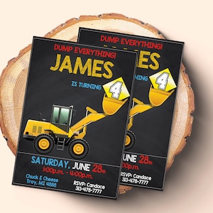 Bewerkbare verjaardagsuitnodiging graafmachine | Canvassjabloon voor bouwfeest | Uitnodiging dumper voor jongens | Digitale download | Afdrukbare uitnodiging