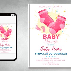 Invitación al baby shower, Calcetines Decoraciones del baby shower, Invitación a revelar el género, azul o rosa, imprimible, juego de baby shower, signo de baby shower