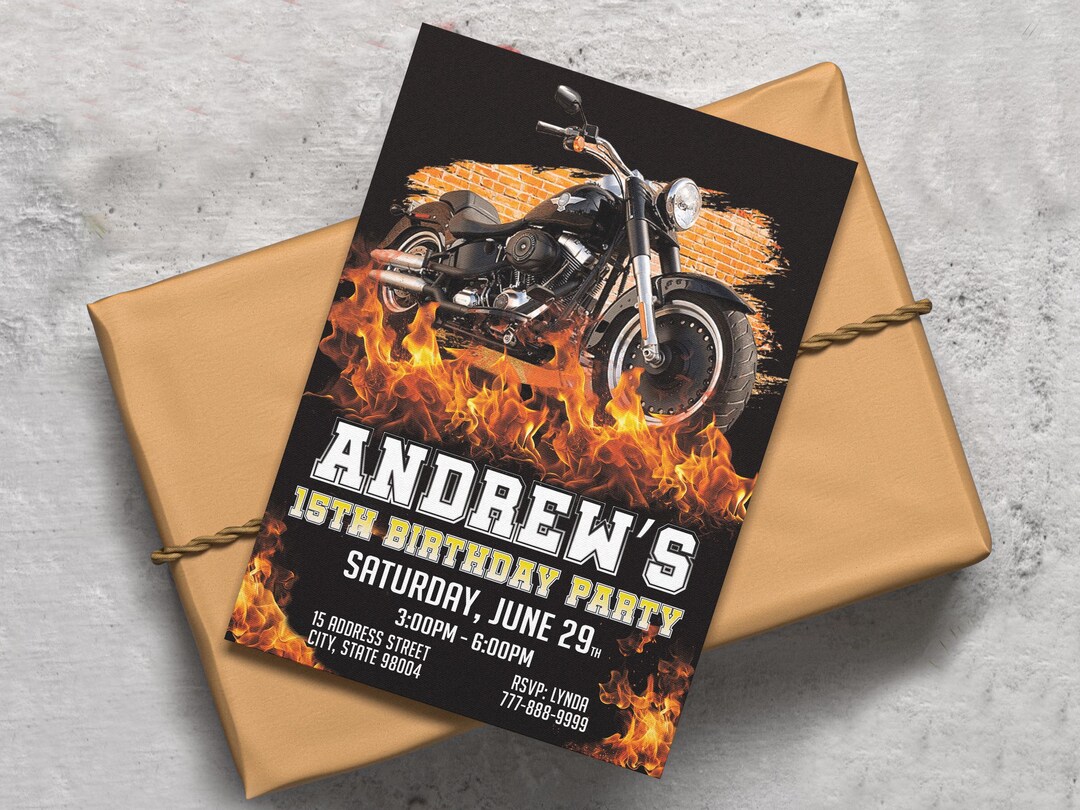 Motorcycle Birthday Invitations - Motocross & Fire Bike Theme, Fire ...