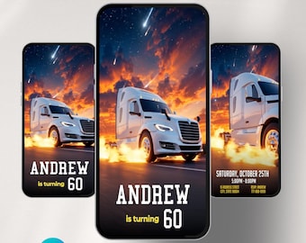 Trucker Birthday Video Invitation: Animated Semi Truck Party Invite (Canva Template)