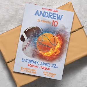 Sports Birthday Invitation, Editable Sport Party Invite, Football Basketball Baseball Soccer Theme, Digital Sports Invitation