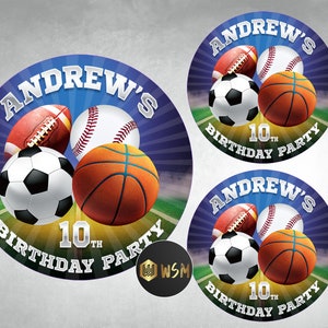Sport Geburtstag druckbare Aufkleber, Leckerlibeutel Etiketten, Fußball Fußball Basketball Baseball Leckerlibeutel Aufkleber Etiketten, ALL STAR SPORTS