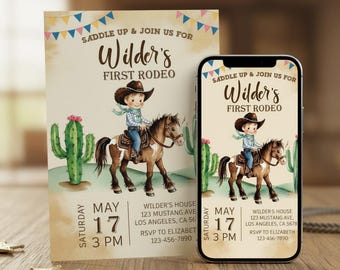 Invitación de cumpleaños con temática de rodeo vaquero, invitación para fiesta del oeste (descarga digital)