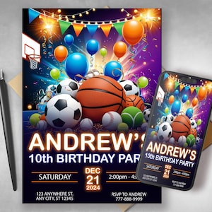 Sport-Geburtstags-Einladung, Sport druckbare Einladung, Sport-Geburtstags-Party, Sport Thema Flyer, All Star Sport, ALL STAR SPORTS einladen