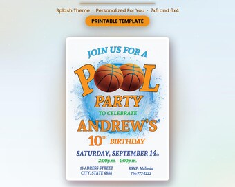 May include: A printable basketball pool party invitation template featuring two orange basketballs replacing the letter O in the word POOL. The text reads JOIN US FOR A POOL PARTY TO CELEBRATE ANDREW'S 10TH BIRTHDAY, SATURDAY, SEPTEMBER 14TH, 2:00p.m. - 4:00p.m.