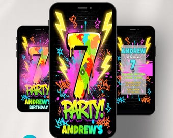 Graffiti-Einladungsvideo zum 7. Geburtstag, animierte Neon-Hip-Hop-Partyeinladung, bearbeitbare Canva-Vorlage
