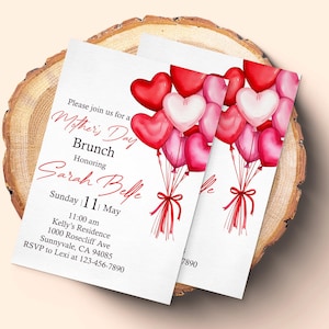 Invitación de brunch del Día de la Madre Invitación de fiesta del Día de la Madre Invitación de brunch del Día de la Madre con corazones rojos y rosas