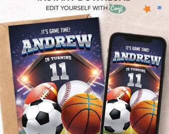 Invito per festa di compleanno sportiva: calcio, basket, baseball modificabili (CORJL modificabile)