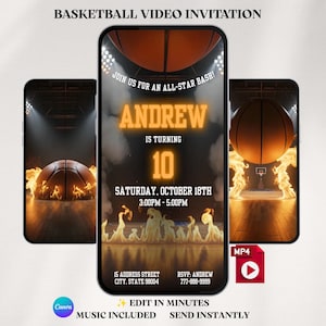 May include: A digital basketball video invitation displayed on three smartphone screens. The design features a basketball, flames, and stadium lights. Text includes "JOIN US FOR AN ALL-STAR BASH!", "ANDREW IS TURNING 10", and event details.