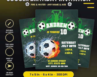 May include: A printable soccer birthday invitation template featuring a green background with soccer balls, fire and water graphics, and text including "Andrew is turning 10," "Saturday July 26th," and "15 Adress Street." The design is 7x5 inches.