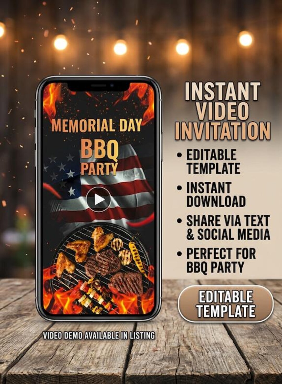 Memorial Day BBQ Video Invitation, Editable Patriotic Party Invite ...