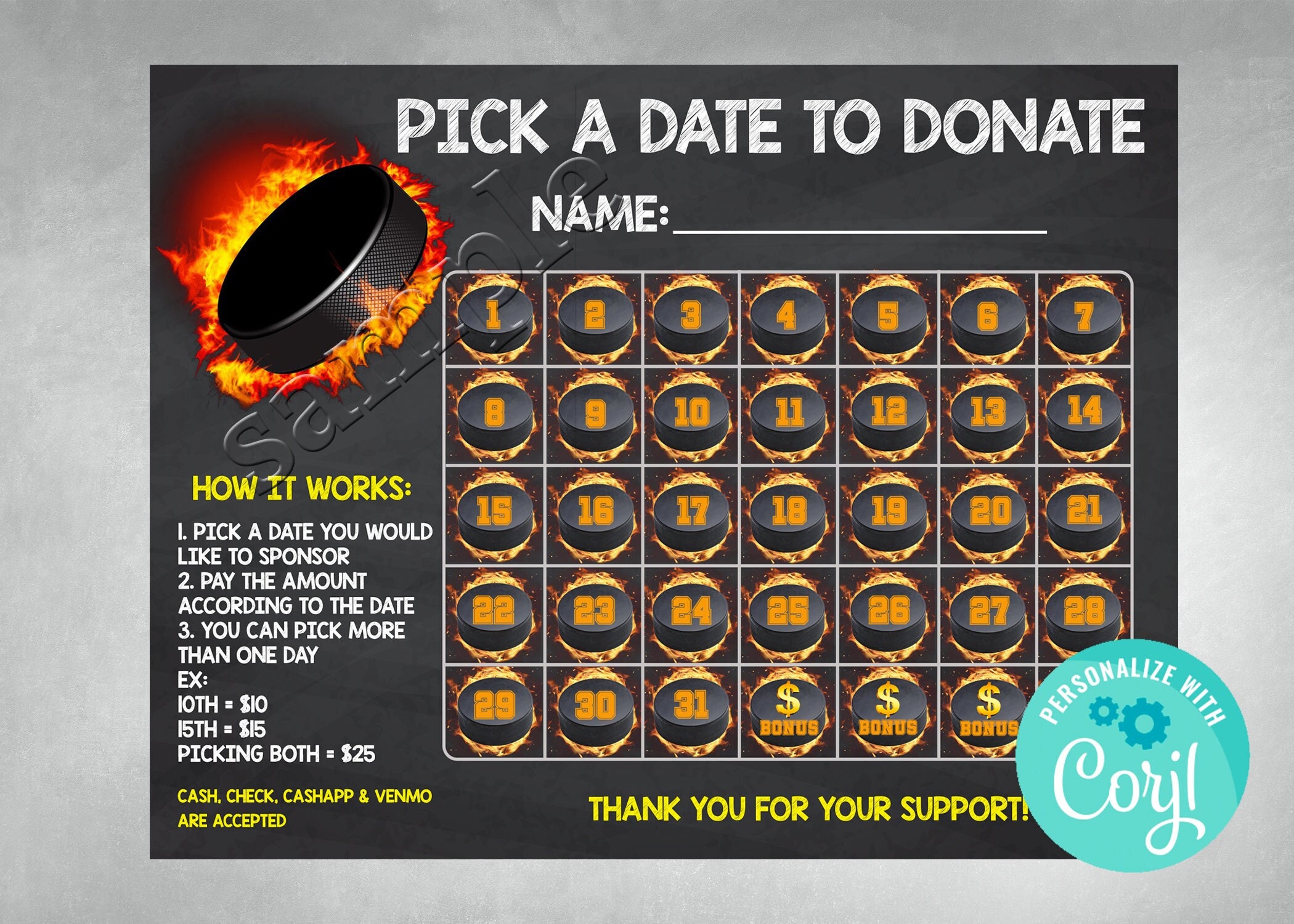 Hockey Calendar Fundraiser: Pick a Date to Donate Printable (Corjl Editable)