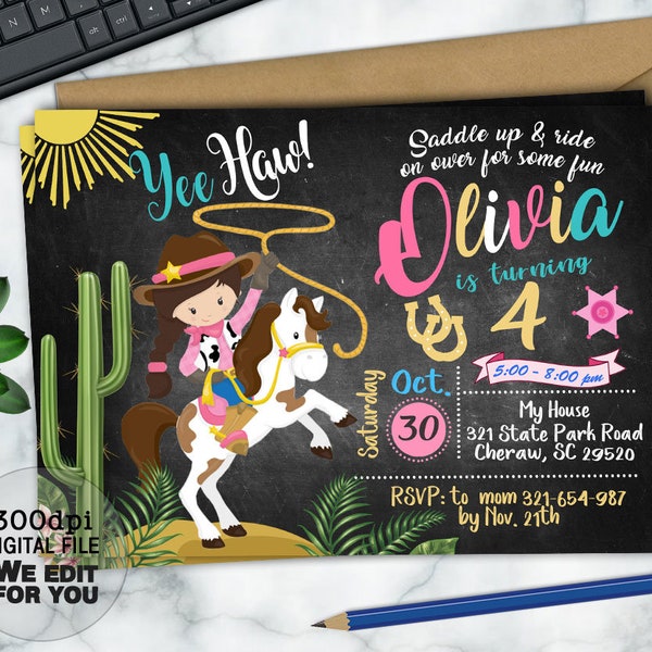 Cowgirl Birthday Party Invitation, Pink Cowgirl Party, Nashville Rodeo Birthday Party, Girl birthday invitation