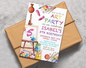Invitation personnalisée de fête d'anniversaire d'art coloré, invitation de fête de peinture de filles, aquarelle imprimable (téléchargement numérique)