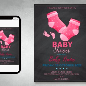 Invitación para baby shower, decoraciones para baby shower con calcetines, invitación para revelar el género del bebé, azul o rosa, imprimible, juego para baby shower, letrero para baby shower