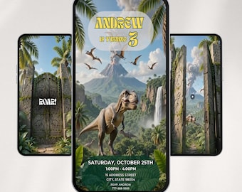Animierte Dinosaurier-Geburtstagsvideoeinladung, T-Rex-Partyeinladung, bearbeitbare Canva-Vorlage (digitaler Download)