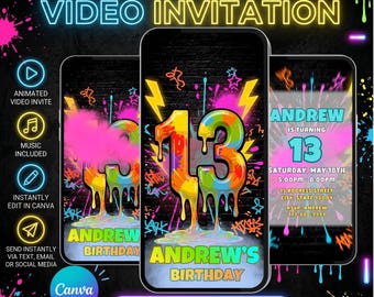 Graffiti-Einladungsvideo zum 13. Geburtstag, Neon-Streetart-Einladung zur Teenager-Party, bearbeitbare Canva-Vorlage
