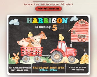 May include: A rectangular invitation template featuring a black chalkboard background with a red tractor pulling a wagon filled with a pig, lamb, and chicks. Text includes HARRISON is turning 5, Saturday, May 18th, 2:00pm - 4:00pm, and RSVP details.