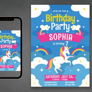 Rainbow Unicorn Birthday Invitation: Magical Party, Pink & Gold (Instant Download)