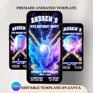 Puede incluir: Tres smartphones que muestran una invitación de cumpleaños con temática de béisbol. El diseño presenta una pelota de béisbol, detalles de neón y el texto "Andrew's 10th Birthday Party". La invitación incluye detalles del evento y el logotipo de Canva.