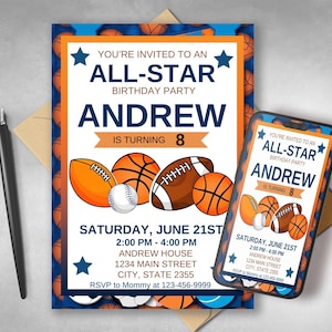 Sports Birthday Invitation | Editable Canva Template | All-Star Printable Invite | Boys Athletic Party | Digital Download