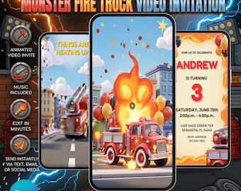 Animierte Videoeinladung mit Feuerwehrauto, Einladung zur Feuerwehr-Geburtstagsfeier, bearbeitbare Canva-Vorlage (digitaler Download)
