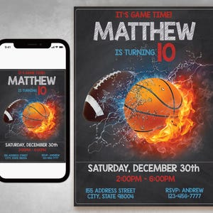 Sport Geburtstagseinladung – Let's Celebrate! Sport-Geburtstags-Party einladen, Sport-Geburtstags-Party, Sport-Thema einladen, Fußball, Basketball