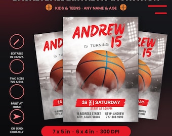 May include: A printable basketball birthday invitation template featuring a central basketball graphic, stadium background, and red text reading Andrew is turning 15. Includes event details like date, time, address, and RSVP. Available in 17.78x12.7cm and 15.24x10.16cm.