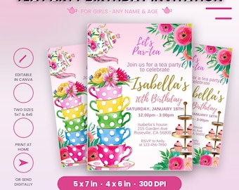 May include: A printable tea party birthday invitation template featuring a stack of colorful polka-dot teacups, a floral teapot, and pink flowers. The text includes Let's Par-tea, Isabella's 10th Birthday, date, time, location, and RSVP details. Available in 5x7 and 4x6 inch sizes.