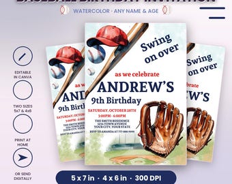 May include: A printable baseball birthday invitation template featuring a red cap, wooden bat, and brown leather glove. The text reads Swing on over as we celebrate Andrew's 9th Birthday on Saturday, October 28th, 3:00PM-6:00PM at The Smith Residence.