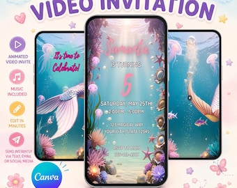 Mermaid Birthday Invitation Video | Under the Sea Party Invite | Editable Canva Evite for Girls Party