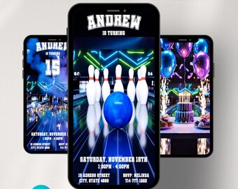 Bowling Birthday Invitation Video, Animated Neon Glow Party Invite, Editable Canva Template, Instant Download