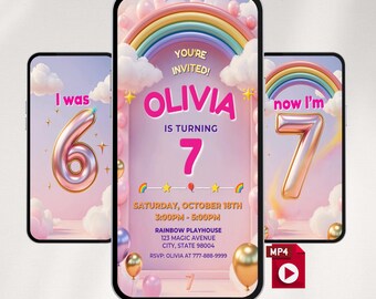 Ich war 6, jetzt bin ich 7 – Geburtstagseinladungsvideo, Regenbogenmädchen-Partyeinladung, Canva