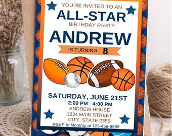 Sports Birthday Invitation, All-Star Party Invite, Editable Canva Template (Digital Download)