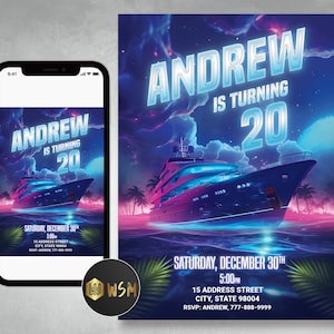 Faire-part croisière à imprimer, écorcheur d'anniversaire en bateau, nuit, faire-parts d'anniversaire nautiques, invitation d'été bateau, invitation carte d'embarquement