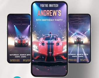 Video-Einladung zum Rennwagen-Geburtstag, animierte Neon-Supercar-Party-Einladung, bearbeitbare Canva-Vorlage