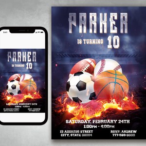 Sports Birthday Printable Invitation, Sport Birthday Invitation, Football, Basketball Invite, Soccer, Baseball, ALL STAR SPORTS Invitation
