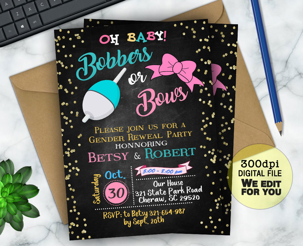 Bobbers or Bows Gender Reveal Invitation, Fishing Gender Reveal Invite,  Wood, Rustic, Bunting, Bobber Bow, Pink or Blue, Bobbers and Bows