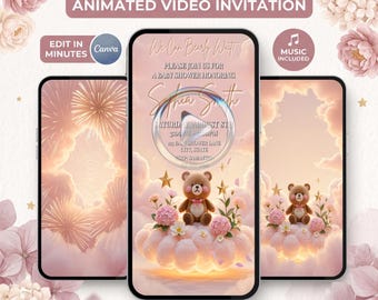 Animierte Einladung zur Babyparty mit Teddybär, rosa florale Videoeinladung, Canva-Vorlage (Digitaler Download)
