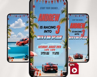 Video-Einladung zur Poolparty im Rennwagen-Design, animierte Einladung zum spritzigen Geburtstag für Jungen, bearbeitbare Canva-Vorlage