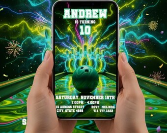 May include: A smartphone screen shows a bowling-themed birthday invitation. The invitation features the name "ANDREW" and the age "10" in green text. The design includes bowling pins, a ball, and event details. The background has neon green and blue streaks.