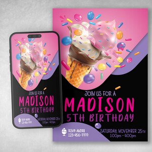 Ice Cream Birthday Invitation: Editable Canva Template (Digital Download