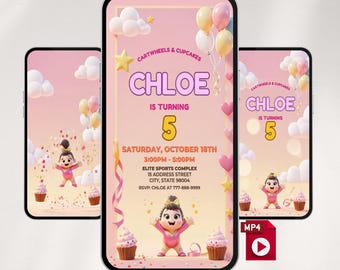 Video-Einladung zum Geburtstag mit Turnmotiven, animierte Einladung mit Radschlägen und Cupcakes, bearbeitbare Canva-Vorlage