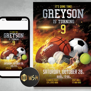 Sport Birthday Printable Invitation, Sports Invitation, Sport Birthday Party, Sport Theme Invite, Sports Party, ALL STAR SPORTS Invitation