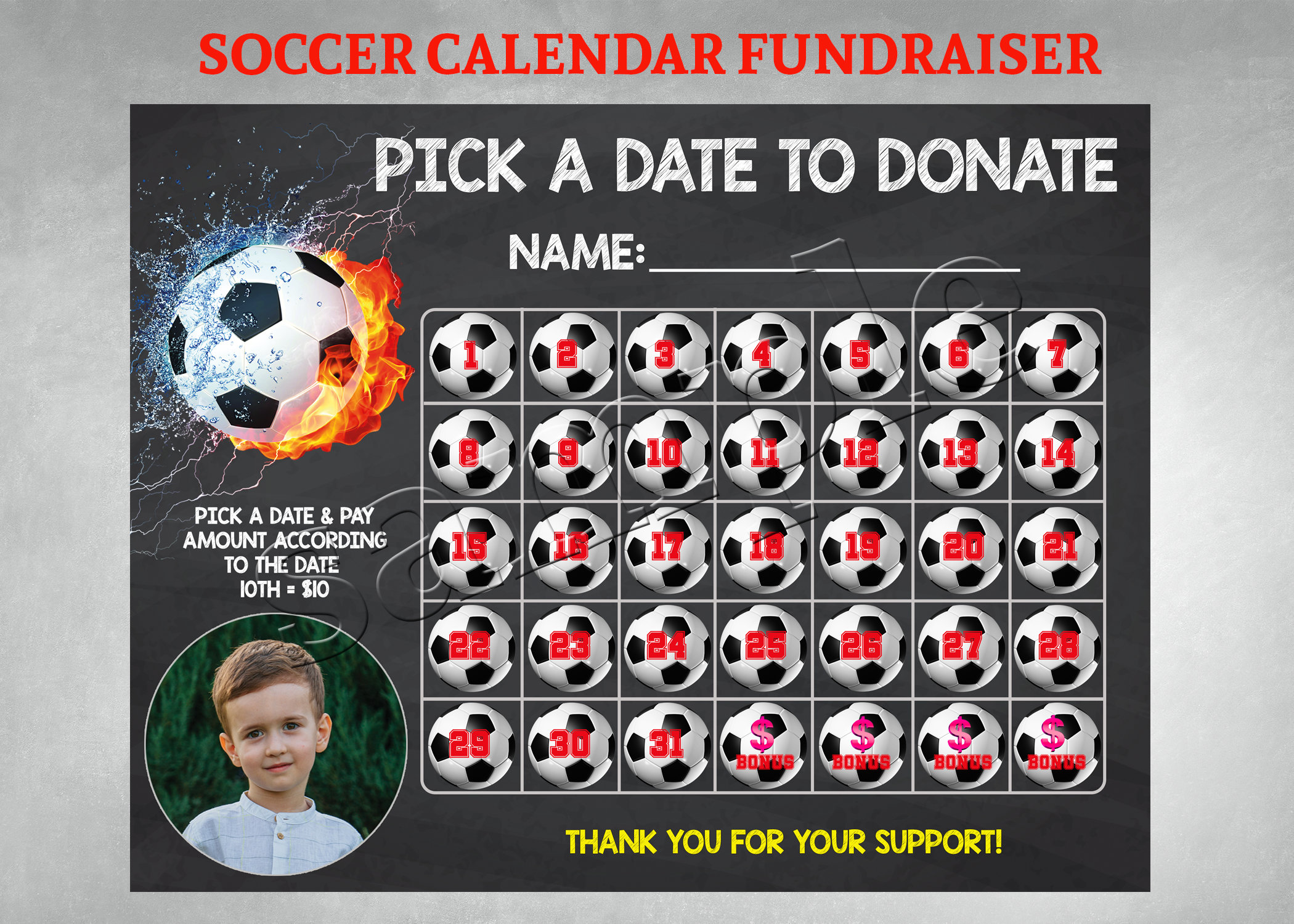 Soccer Calendar Fundraiser With Photo, Pick a Date to Donate Printable, Soccer  Fundraiser Template, Sport Calendar, Football, Soccer Invite - Etsy