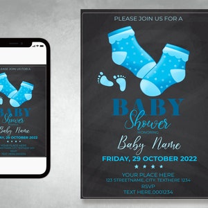 Faire-part de fête prénatale, décorations de fête prénatale, invitation révélant le sexe des chaussettes, bleu ou rose, imprimable, jeu de fête prénatale, signe de fête prénatale