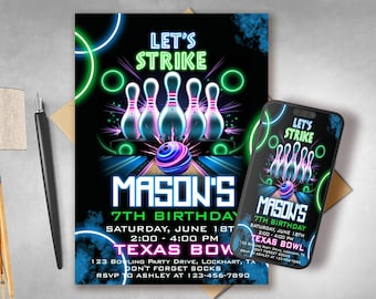 May include: A neon green and blue birthday party invitation with a bowling theme. The invitation says "Let's Strike" and "Mason's 7th Birthday". The invitation includes the date, time, and location of the party.