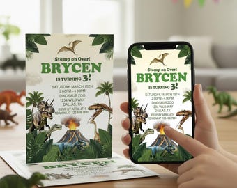 Invitación de cumpleaños de dinosaurios, invitación para fiesta de dinosaurios para niños, ¡A celebrar el cumpleaños! (Descarga digital)